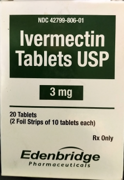 NDC 42799-806-01 Ivermectin tablets UPS 3 mg 20 Tablets (2 Foil Strips of 10 tablets each) Rx Only Edenbridge Pharmaceuticals